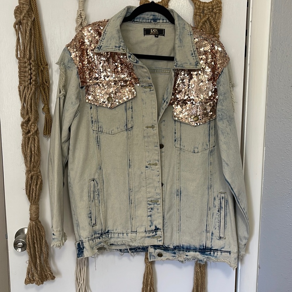 Oversized denim and sequin jacket